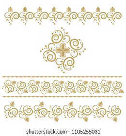 Set of seamless floral borders with a central element. Golden color. Can be used as a template for printing postcards or invitations, for textiles, engraving, wooden furniture. . Vector.
