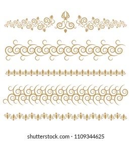 Set of seamless floral borders with a central element. Golden color on a white background. Can be used as a template for printing postcards or invitations, for textiles, engraving, wooden furniture. 