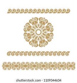 Set of seamless floral borders with a central element. Golden color on a white background. Can be used as a template for printing postcards or invitations, for textiles, engraving, wooden furniture. 
