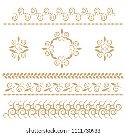 Set of seamless floral borders with a central element. Golden color. Can be used as a template for printing postcards or invitations, for textiles, engraving, wooden furniture. Vector.