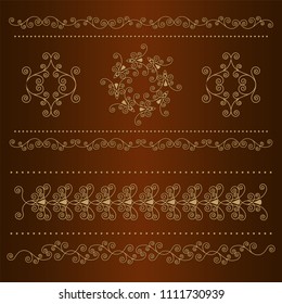 Set of seamless floral borders with a central element. Golden color. Can be used as a template for printing postcards or invitations, for textiles, engraving, wooden furniture. Vector.