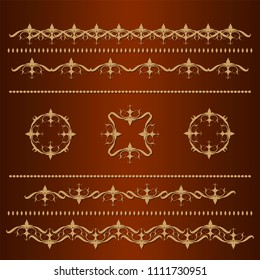 Set of seamless floral borders with a central element. Golden color. Can be used as a template for printing postcards or invitations, for textiles, engraving, wooden furniture. Vector.