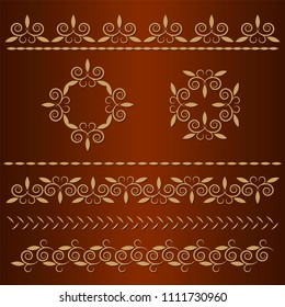 Set of seamless floral borders with a central element. Golden color. Can be used as a template for printing postcards or invitations, for textiles, engraving, wooden furniture. Vector.