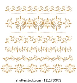 Set of seamless floral borders with a central element. Golden color. Can be used as a template for printing postcards or invitations, for textiles, engraving, wooden furniture. Vector.