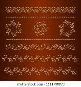 Set of seamless floral borders with a central element. Golden color. Can be used as a template for printing postcards or invitations, for textiles, engraving, wooden furniture. Vector.