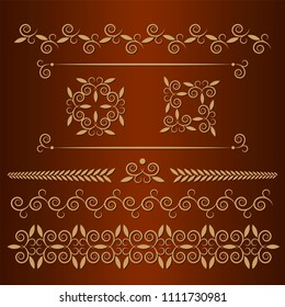 Set of seamless floral borders with a central element. Golden color. Can be used as a template for printing postcards or invitations, for textiles, engraving, wooden furniture. Vector.