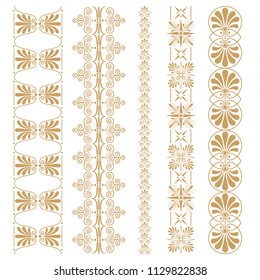 Set of seamless floral borders with a central element. Golden color. Can be used as a template for printing postcards or invitations, for textiles, engraving, wooden furniture. Vector.