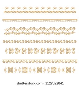 Set of seamless floral borders with a central element. Golden color. Can be used as a template for printing postcards or invitations, for textiles, engraving, wooden furniture. Vector.