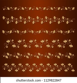 Set of seamless floral borders with a central element. Golden color. Can be used as a template for printing postcards or invitations, for textiles, engraving, wooden furniture. Vector.
