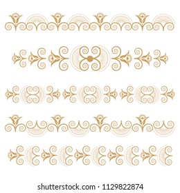 Set of seamless floral borders with a central element. Golden color. Can be used as a template for printing postcards or invitations, for textiles, engraving, wooden furniture. Vector.