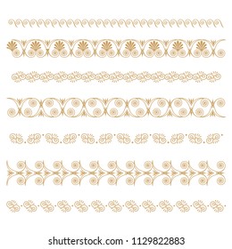 Set of seamless floral borders with a central element. Golden color. Can be used as a template for printing postcards or invitations, for textiles, engraving, wooden furniture. Vector.