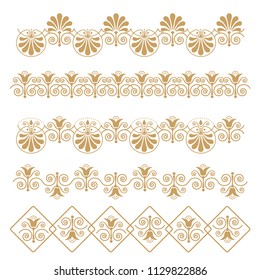 Set of seamless floral borders with a central element. Golden color. Can be used as a template for printing postcards or invitations, for textiles, engraving, wooden furniture. Vector.