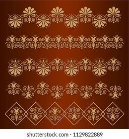 Set of seamless floral borders with a central element. Golden color. Can be used as a template for printing postcards or invitations, for textiles, engraving, wooden furniture. Vector.