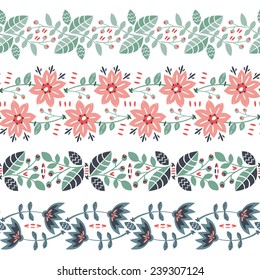 Set of seamless floral borders with cute retro flowers in hand drawn style