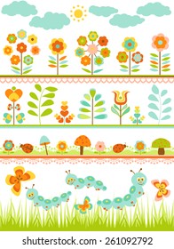 Set of seamless floral borders with cute ladybirds ,caterpillars and butterflies