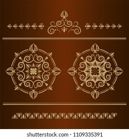 Set of seamless floral borders. Golden color on a dark background. Can be used as a template for printing postcards or invitations, for textiles, engraving, wooden furniture. Vector.