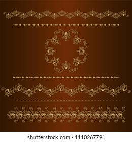 Set of seamless floral borders. Golden color on a dark background. Can be used as a template for printing postcards or invitations, for textiles, engraving, wooden furniture. Vector.