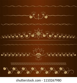 Set of seamless floral borders. Golden color on a dark background. Can be used as a template for printing postcards or invitations, for textiles, engraving, wooden furniture. Vector.