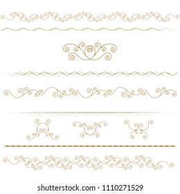 Set of seamless floral borders. Golden color on a white background. Can be used as a template for printing postcards or invitations, for textiles, engraving, wooden furniture. Vector.