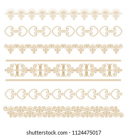 Set of seamless floral borders. Golden color on a dark background. Can be used as a template for printing postcards or invitations, for textiles, engraving, wooden furniture. Vector.