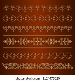 Set of seamless floral borders. Golden color on a dark background. Can be used as a template for printing postcards or invitations, for textiles, engraving, wooden furniture. Vector.