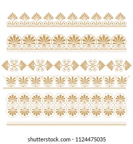 Set of seamless floral borders. Golden color on a dark background. Can be used as a template for printing postcards or invitations, for textiles, engraving, wooden furniture. Vector.