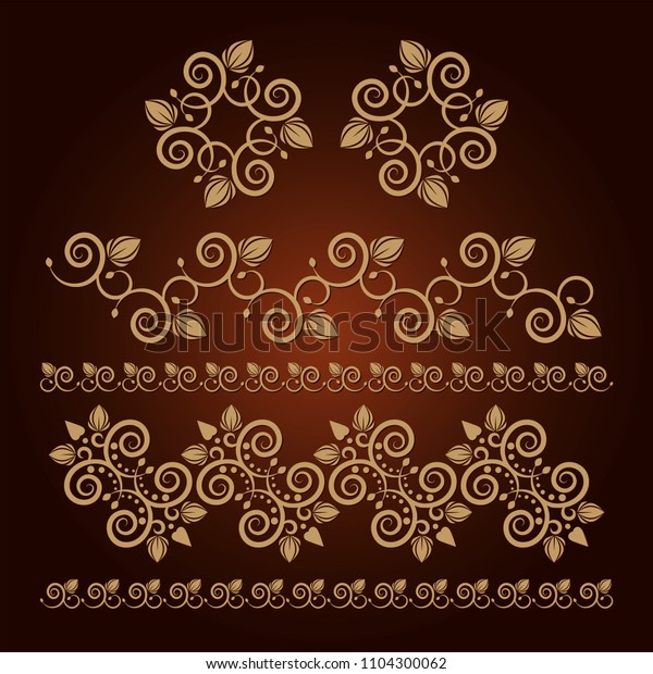 \
Set of\
seamless floral borders. Golden color on a dark background. Can be\
used as a template for printing postcards or invitations, for\
textiles, engraving, wooden furniture.\
Vector.