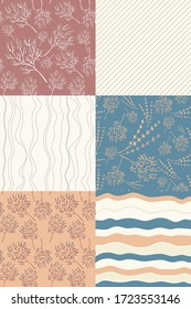 Conjunto de patrones florales y diagonales sin fisuras. Dibujo dibujado a mano, doodle. Vector.