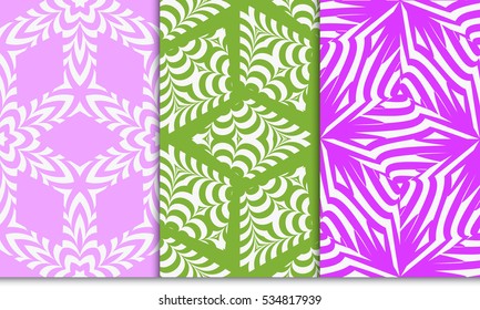 set of seamless floral geometric pattern. For invitation, design wallpaper. Vector illustration. Silver, pink, green color