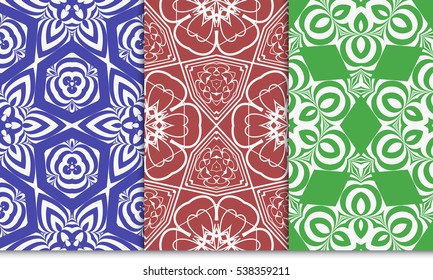 set of seamless floral geometric pattern. For invitation, design wallpaper. Vector illustration. red, green, blue color