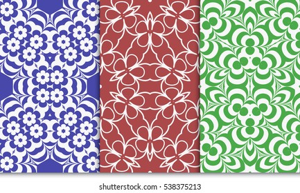 set of seamless floral geometric pattern. For invitation, design wallpaper. Vector illustration. red, green, blue color