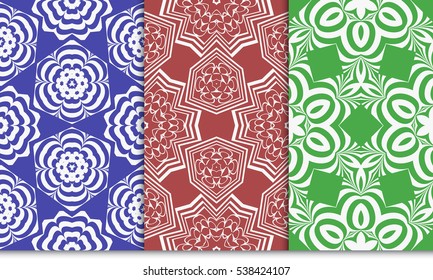 set of seamless floral geometric pattern. For invitation, design wallpaper. Vector illustration. red, green, blue color