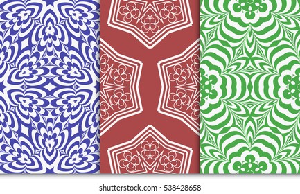 set of seamless floral geometric pattern. For invitation, design wallpaper. Vector illustration. red, green, blue color