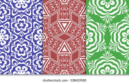 set of seamless floral geometric pattern. For invitation, design wallpaper. Vector illustration. red, green, blue color