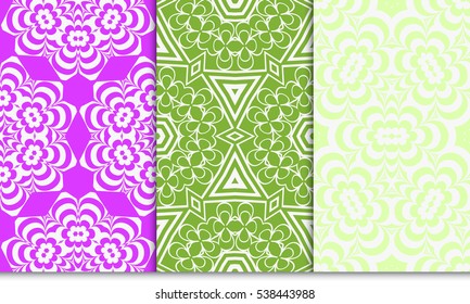 set of seamless floral geometric pattern. For invitation, design wallpaper. Vector illustration. Silver, pink, green color