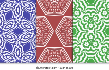 set of seamless floral geometric pattern. For invitation, design wallpaper. Vector illustration. red, green, blue color