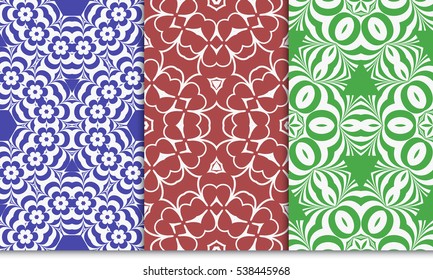 set of seamless floral geometric pattern. For invitation, design wallpaper. Vector illustration. red, green, blue color