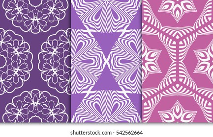 set of seamless floral geometric pattern. purple color. Texture for holiday card, Valentines day, wedding invitation, design wallpaper, web page, banner, flyer. vector illustration.