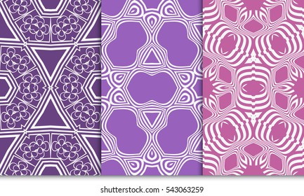 set of seamless floral geometric pattern. purple color. Texture for holiday card, Valentines day, wedding invitation, design wallpaper, web page, banner, flyer. vector illustration.