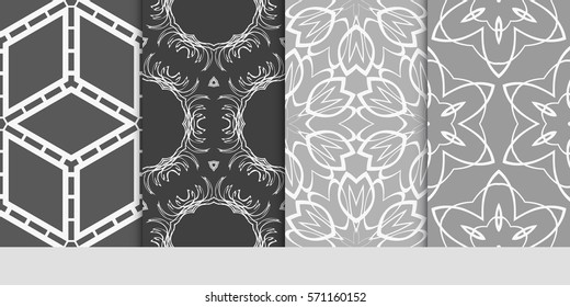 set of seamless floral geometric patterns. Texture for holiday cards, Valentines day, wedding invitations, design wallpaper, pattern fills, web page, banner, flyer. Vector illustration.