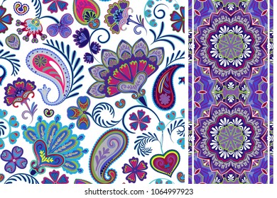 Set of seamless floral pattern and border for design. Hand draw vector Illustration. Seamless background with flowers. Colorful