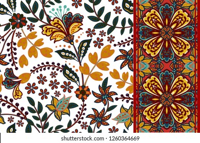 Set of seamless floral pattern and border for design. Hand draw vector Illustration. Seamless background with flowers.