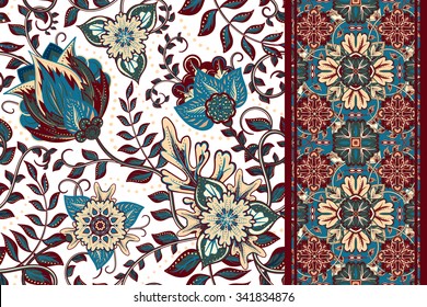 Set of seamless floral pattern and border for design. Hand draw vector Illustration. Seamless background with flowers.