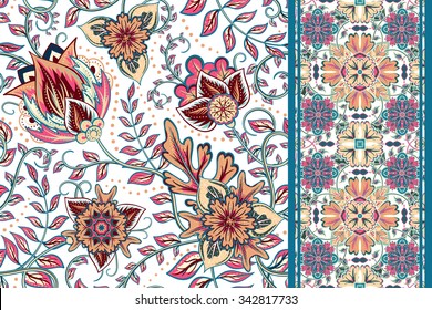 Set of seamless floral pattern and border for design. Hand draw vector Illustration. Seamless background with flowers.