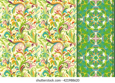 Set of seamless floral pattern and border for design. Hand draw vector Illustration. Seamless background with flowers. Bright rainbow colors