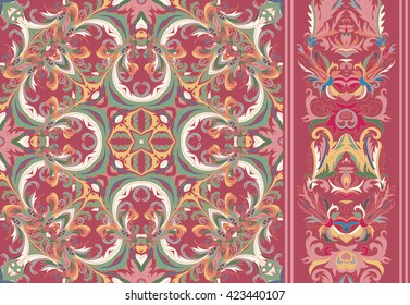 Set of seamless floral pattern and border for design. Hand draw vector Illustration. Seamless background with flowers. Pastel vinous tone.