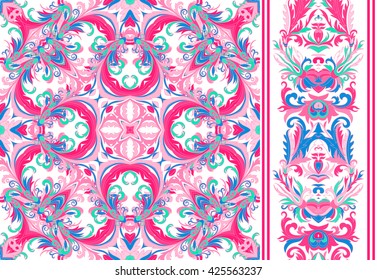 Set of seamless floral pattern and border for design. Hand draw vector Illustration. Seamless background with flowers. Bright pink blue on white