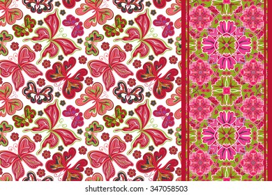 Set of seamless floral pattern with colorful butterfly and strip (border band streak ribbon). Vector black and white illustration.