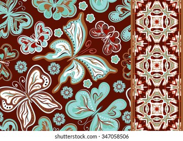 Set of seamless floral pattern with colorful butterfly and strip (border band streak ribbon). Vector black and white illustration.