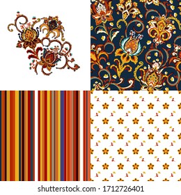 Set of seamless floral pattern with fantasy flowers and line. Embroidery template in complement. Hand drawn texture for clothes, bedclothes, fabric of the dress etc. Hot eastern colors.